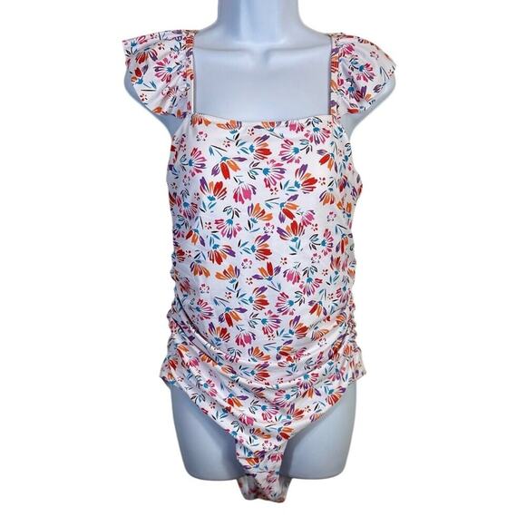 Floral Print Ruffle Strappy One Piece Swimsuits Tummy Control Bathing Suit, L, N - Picture 3 of 8